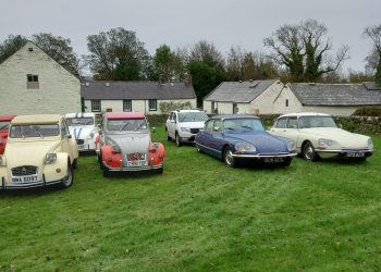 Images of the 2cv car's lined up with the backdrop of Ellisland