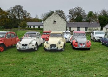 Images of the 2cv car's lined up with the backdrop of Ellisland